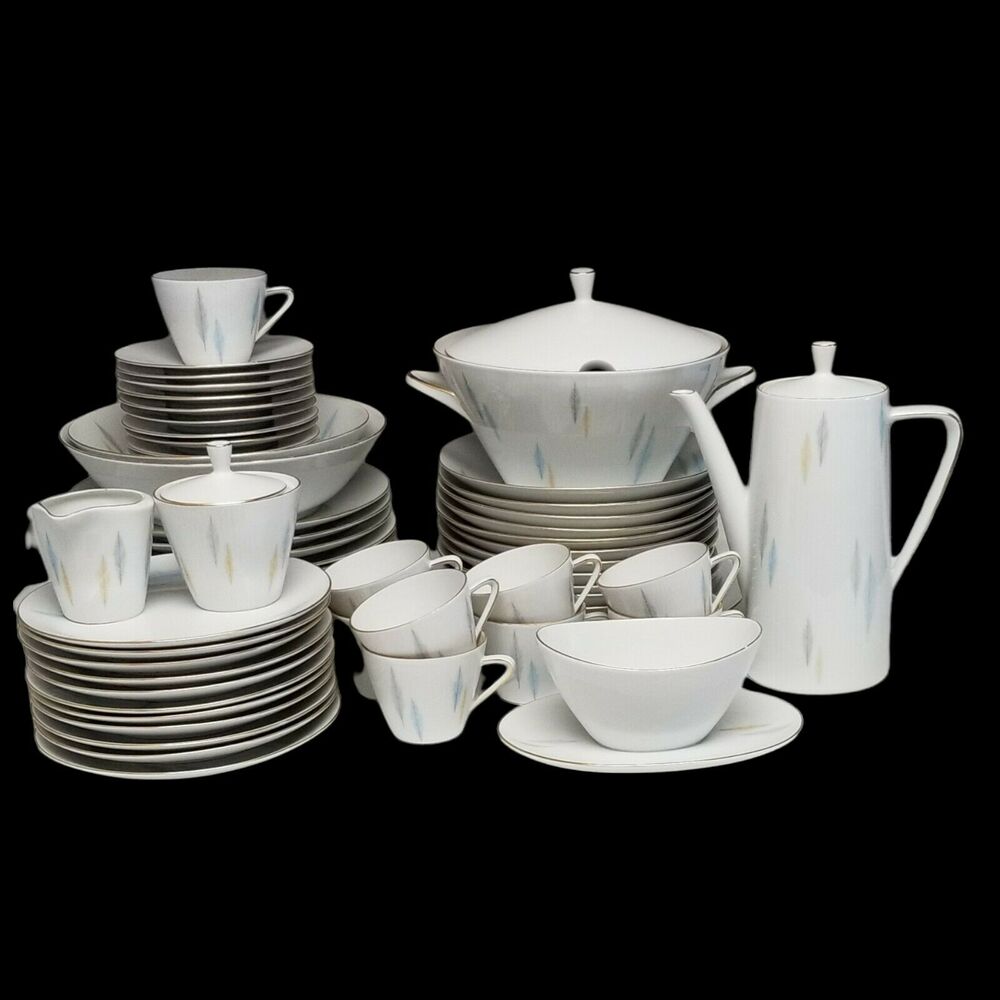Rare 64 Piece China Set Vintage Seltmann Weiden Bavaria Monika Gold Rims